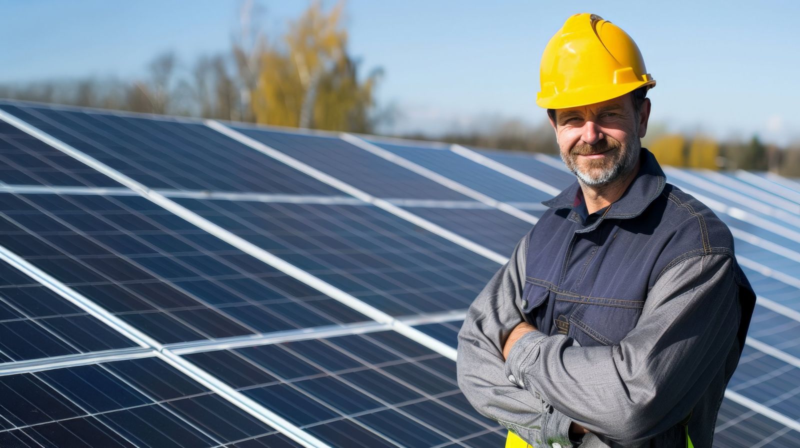 Técnico de capacete ao lado das placas de uma usina solar