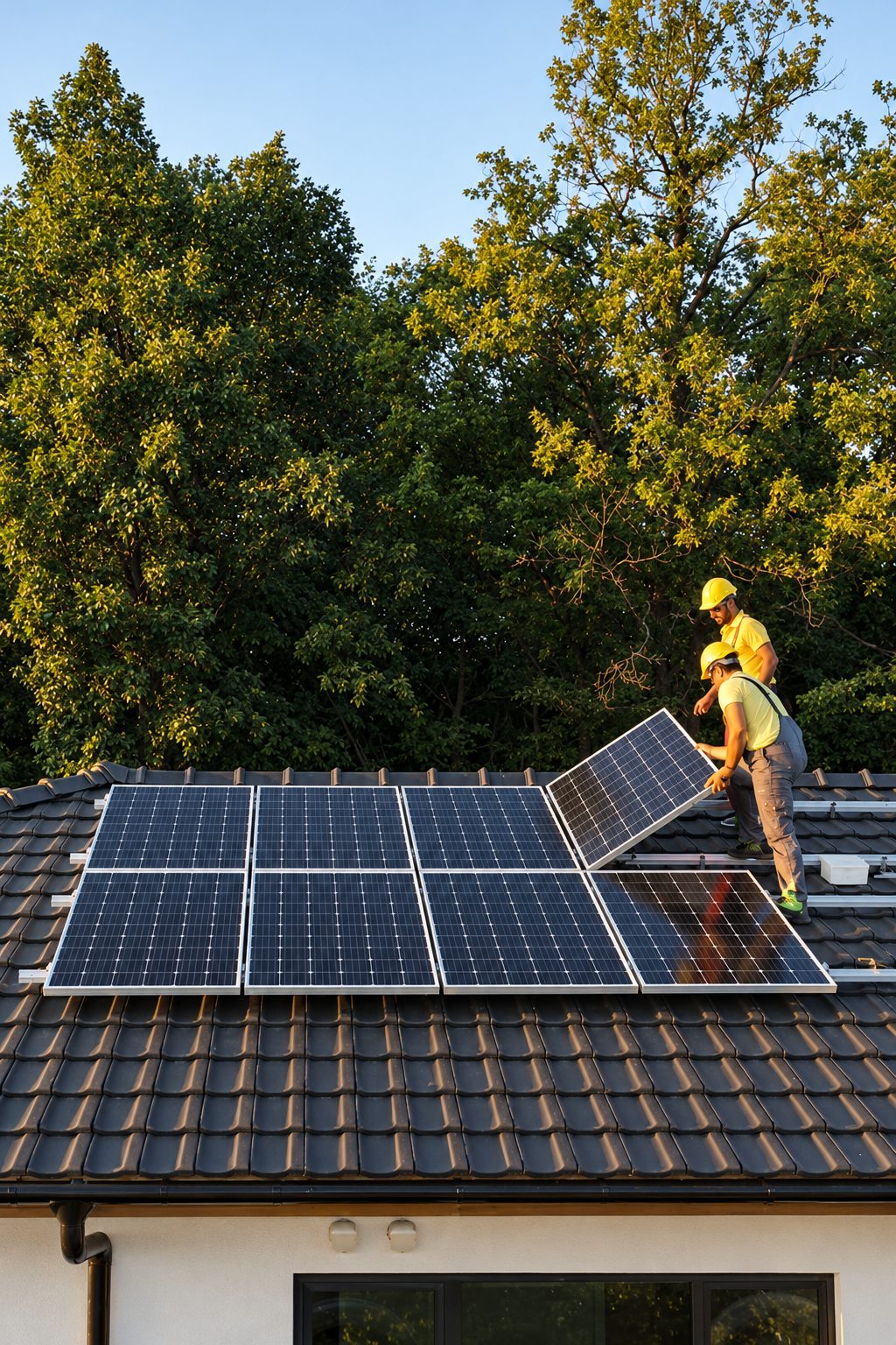 Dois instaladores de capacete montando placas solares no telhado de uma casa