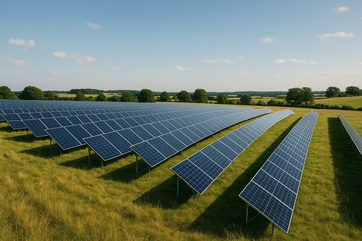 Fileiras de placas solares de uma usina em um campo verde, com céu azul